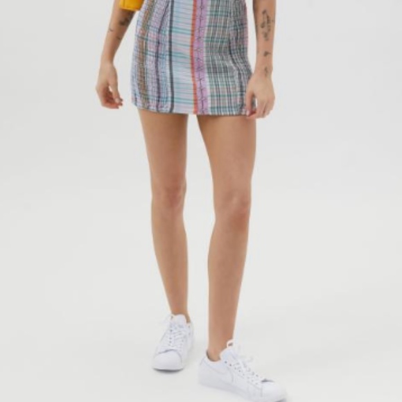 UO Linny Smocked Hook & Eye Mini Xs Blue Pink White Plaid - Picture 4 of 4